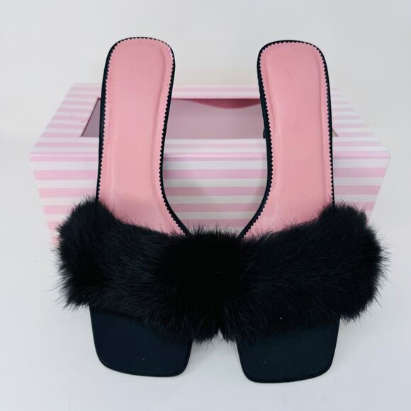 Victoria's Secret Mule Wiangora Shoes Womens Medium Black Faux Fur Heels Kitten - Picture 2 of 9